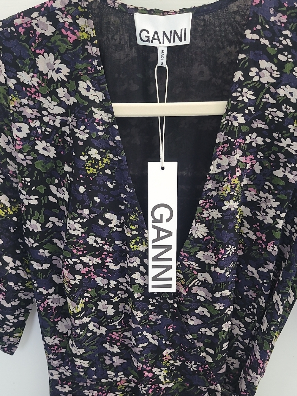 GANNI Crepe Wrap Dress EU34 US4 S Floral Print Asymmetric V-Neck NWT - Picture 6 of 13